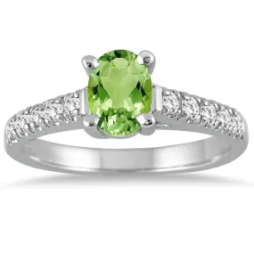 1 Carat Oval Peridot And Diamond Ring In 14K White Gold