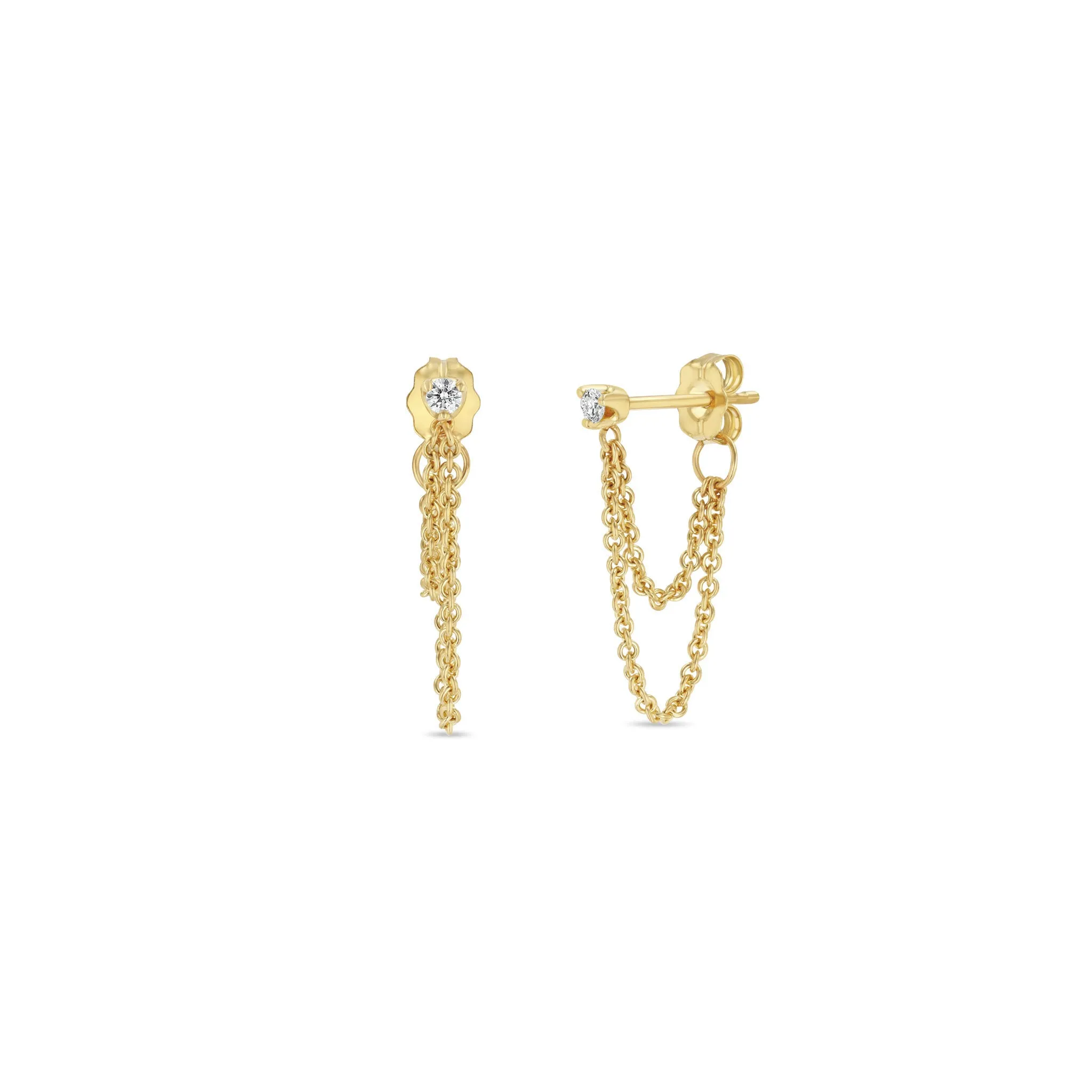 14k Prong Diamond Double Chain Huggie Earrings