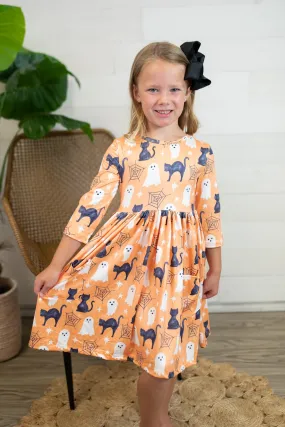 3/4 Sleeve Pocket Twirl Dress-Spooky Kitty