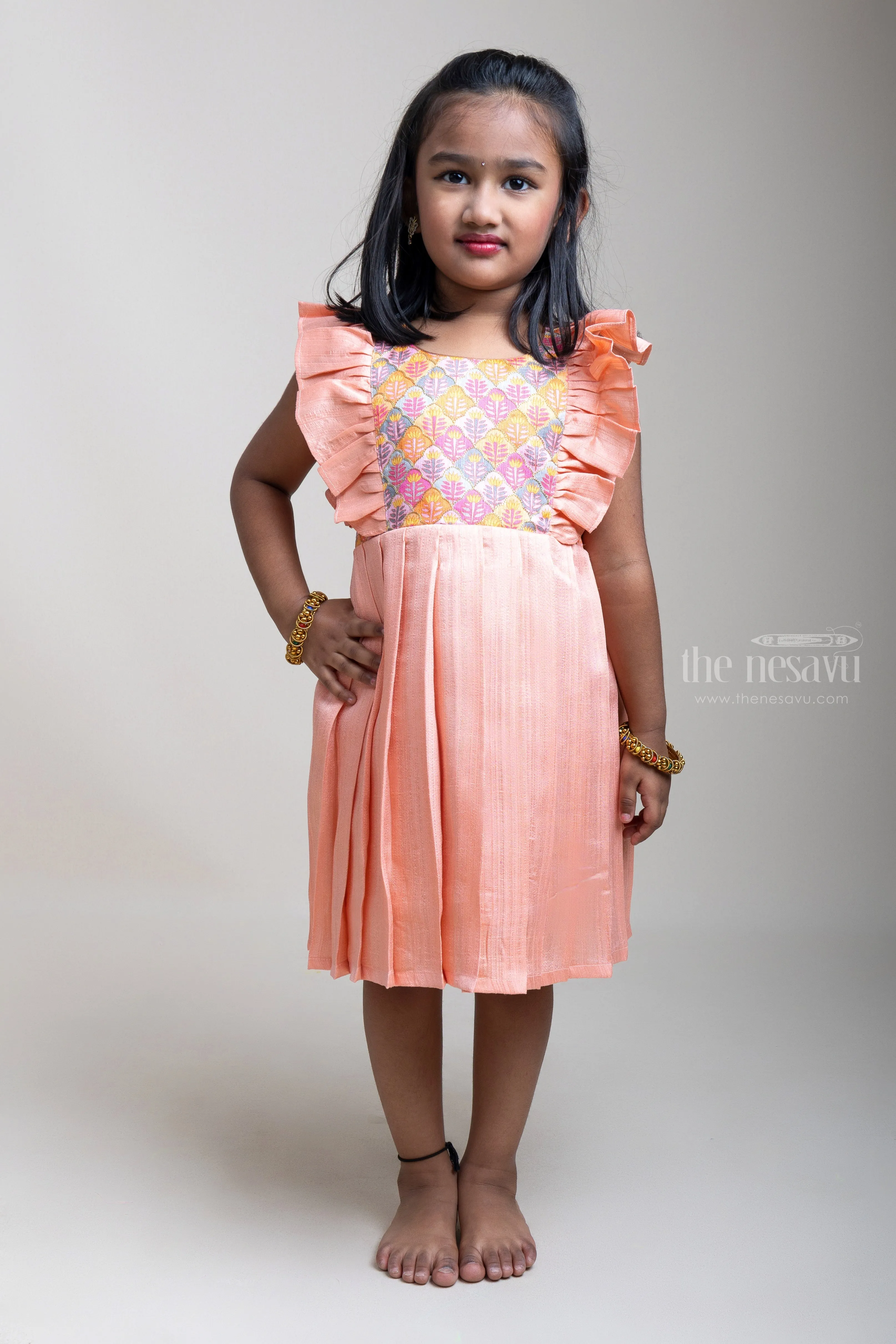 Beautiful Embroidered Ruffle Yoke Semi-Silk Frock For Girls