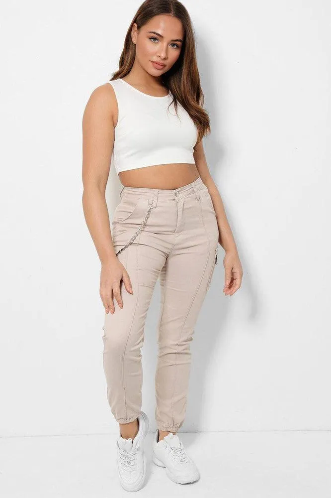 Beige Chain High-Rise Stretchy Denim Cargo Jeans