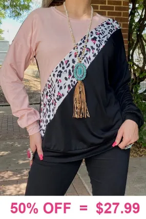 Blush, Leopard diagonal stripe, Black long sleeve top