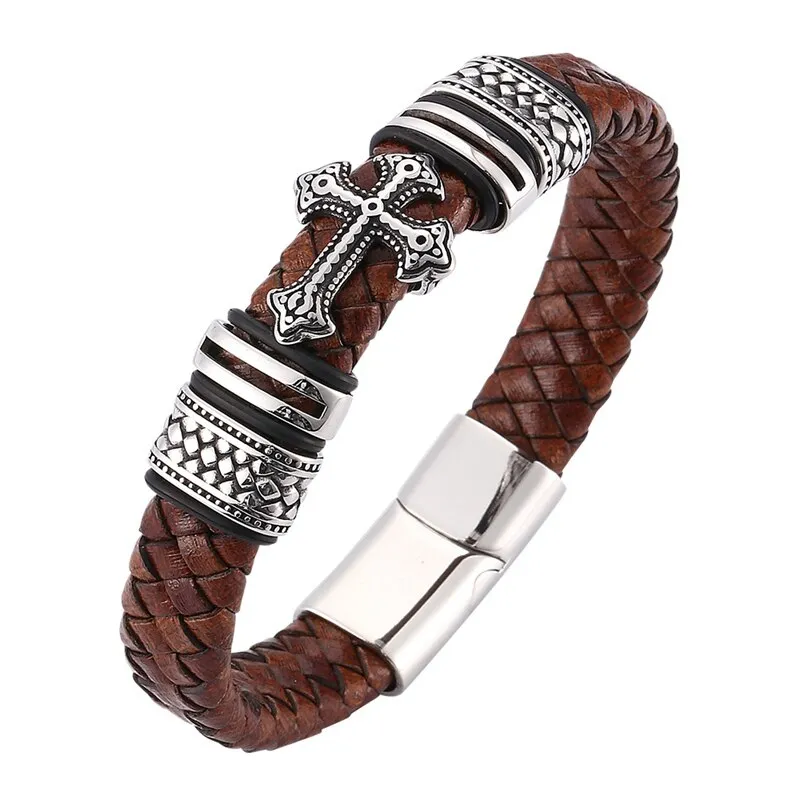 Braided Leather Stainless Steel Cross Bracelet