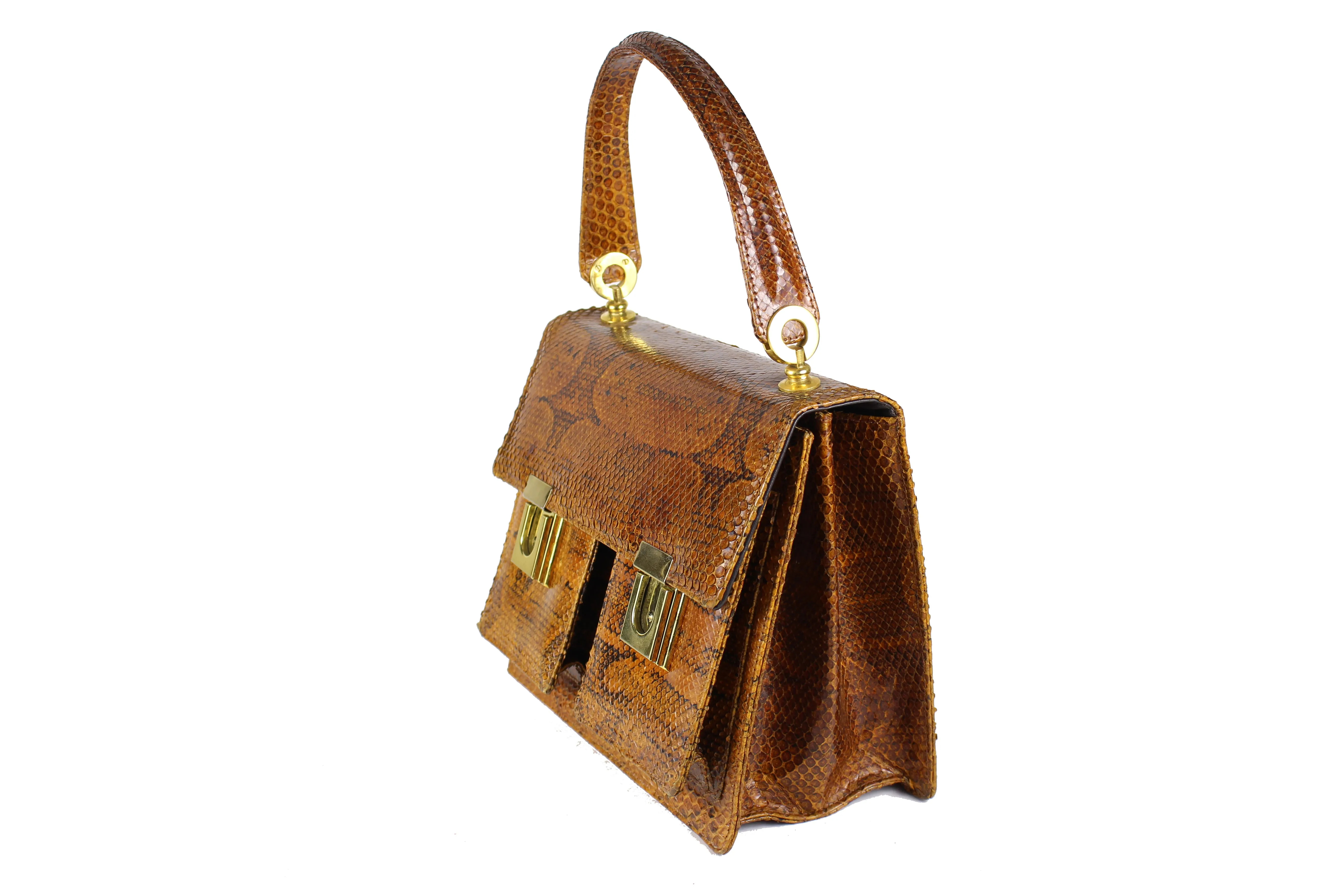 Burnt orange snakeskin handbag with two front pockets