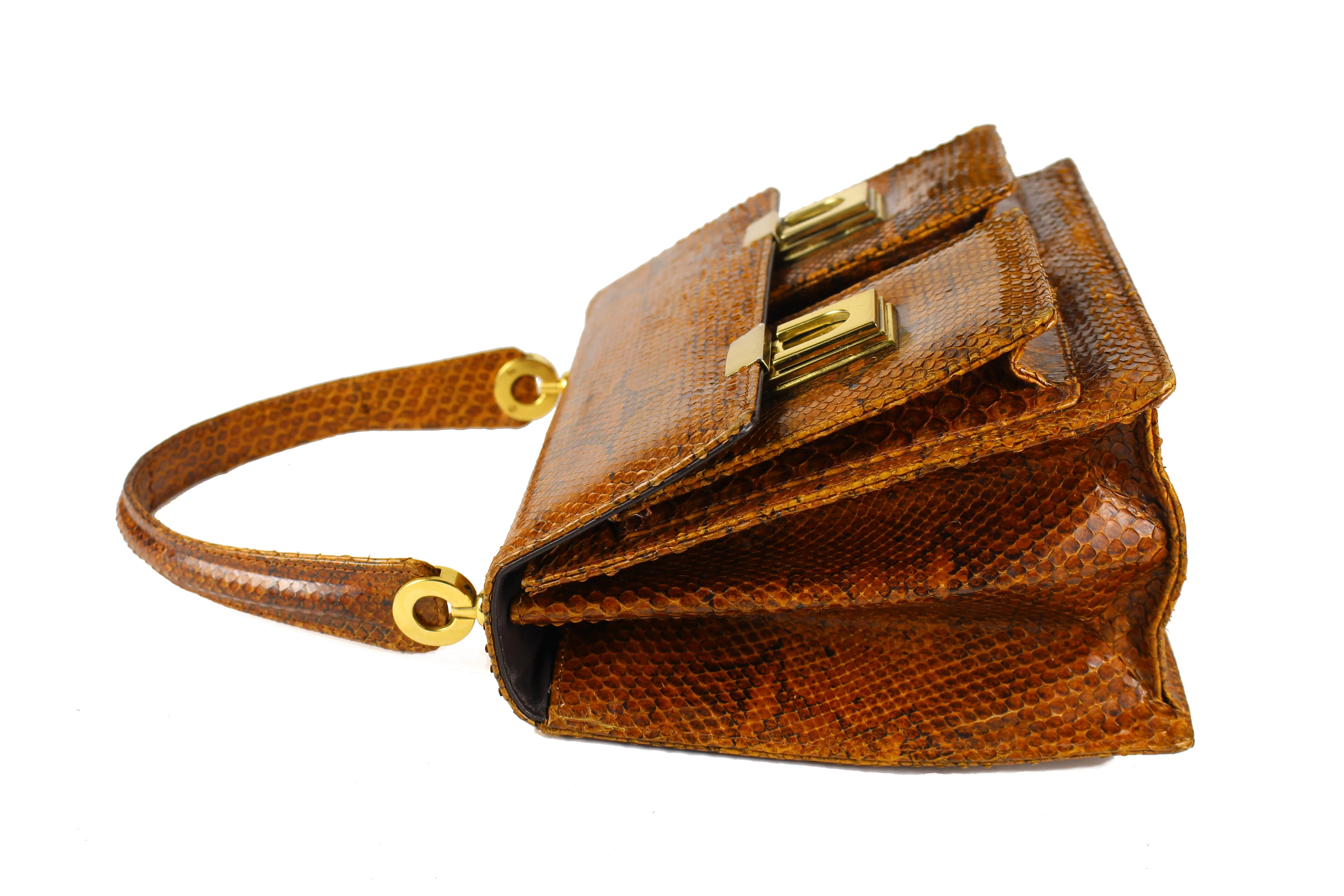 Burnt orange snakeskin handbag with two front pockets