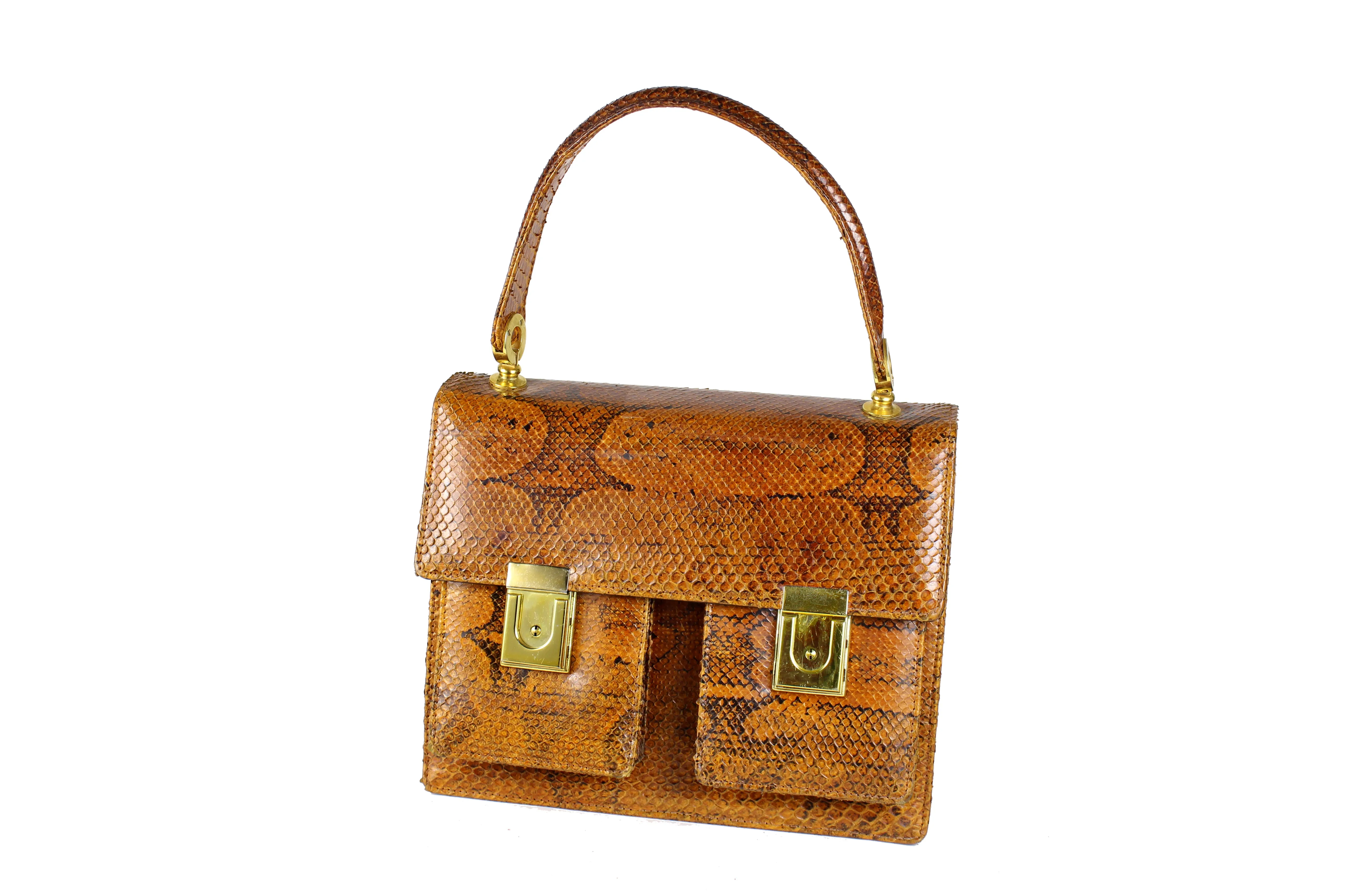 Burnt orange snakeskin handbag with two front pockets