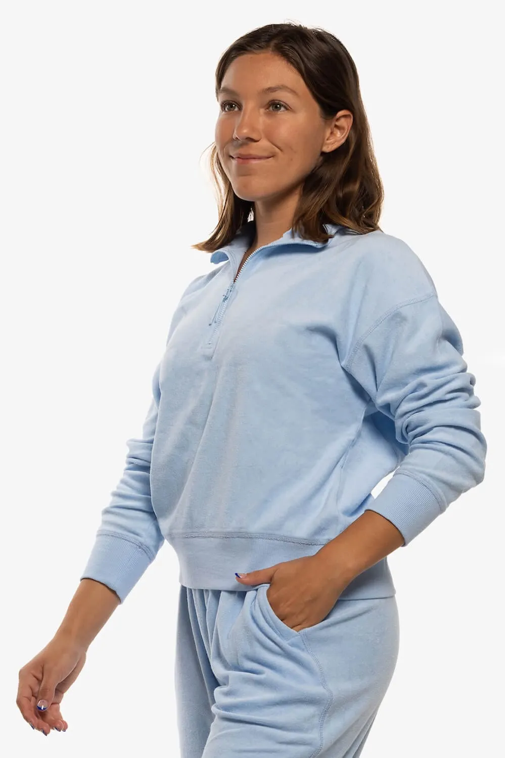 Callie Terry Cloth  1/4 Zip Pullover Sweatshirt - Sky