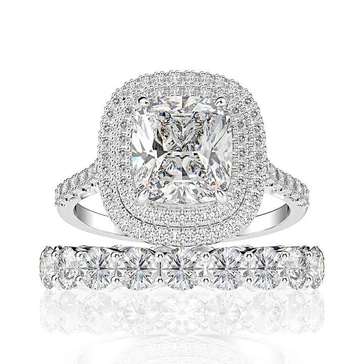 Double Halo Cushion Cut Engagement Bridal Set