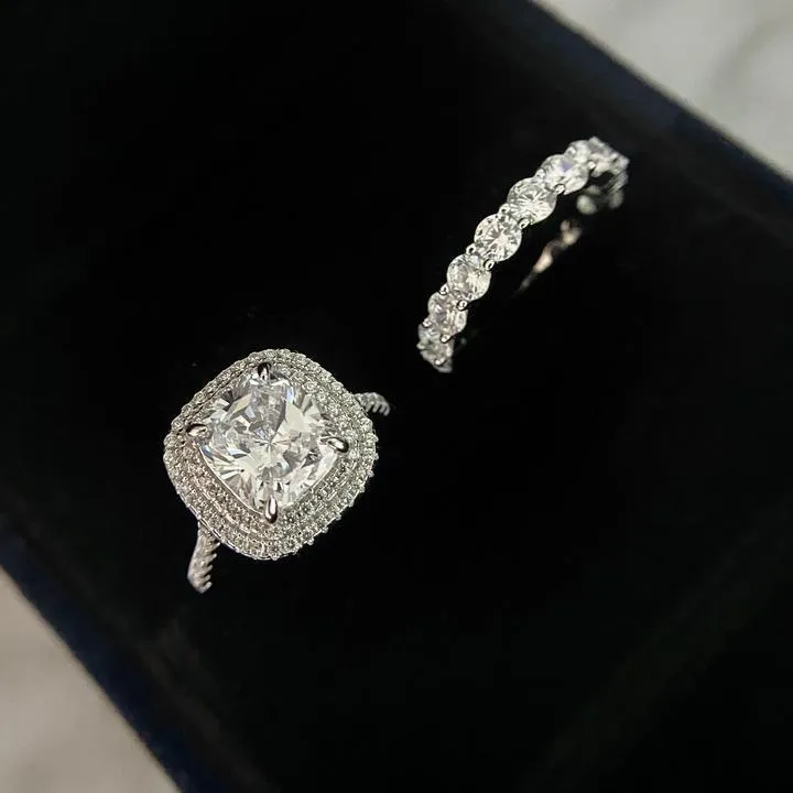 Double Halo Cushion Cut Engagement Bridal Set