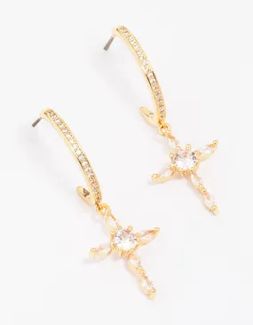 Gold Plated Cubic Zirconia Marquise Cross Drop Earrings