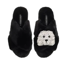 Laines London Black Slipper with Queenie The Bichon Brooch