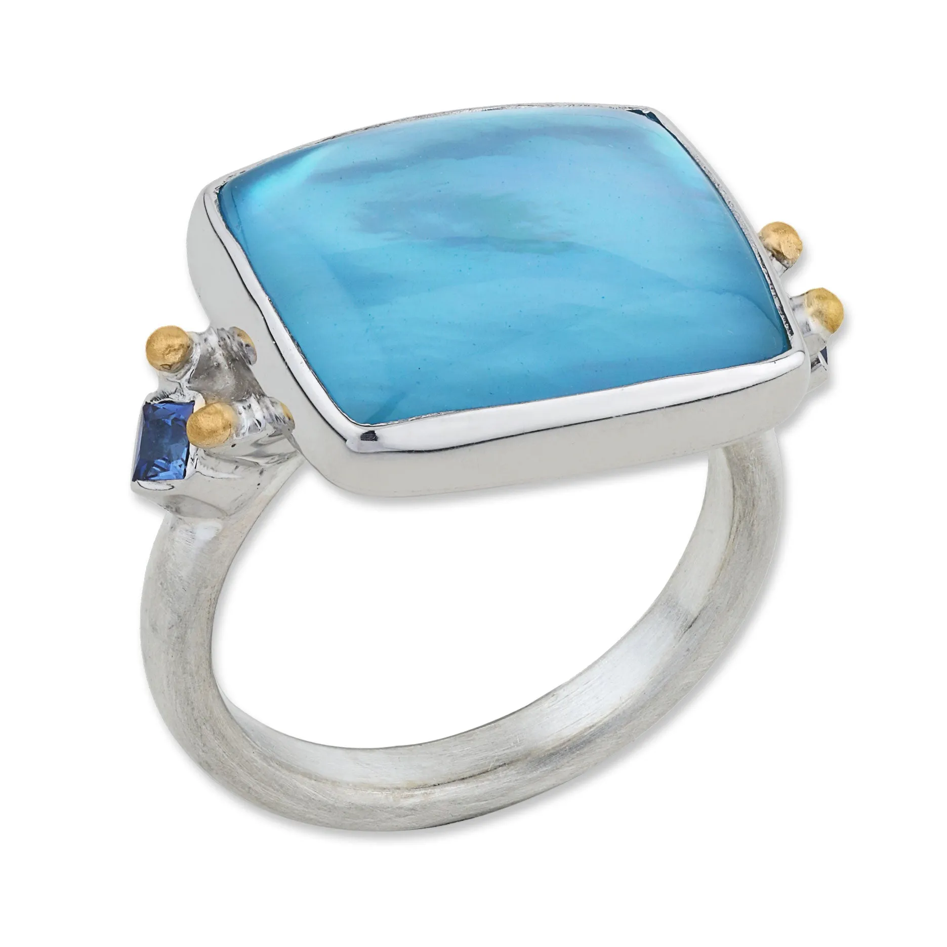 Lika Behar Kami Ring with Blue Topaz Mother Pearl Doublet & Sapphires Silver