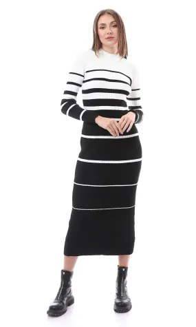 O174521 Unbalanced Bi-Tone Stripes Black & White Maxi Dress