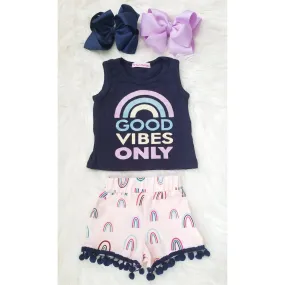 Rainbow Vibes Sleeveless Pom Pom Short Set