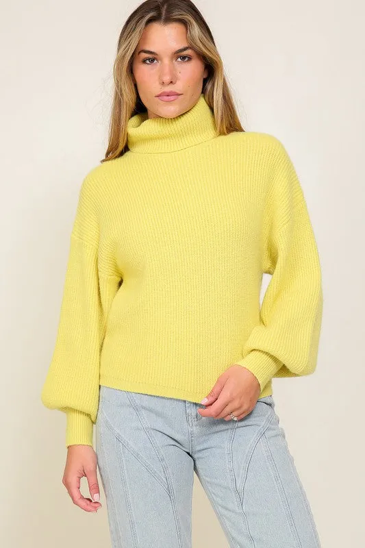 Rib Knitted Turtleneck Sweater with Bishop Sleeve