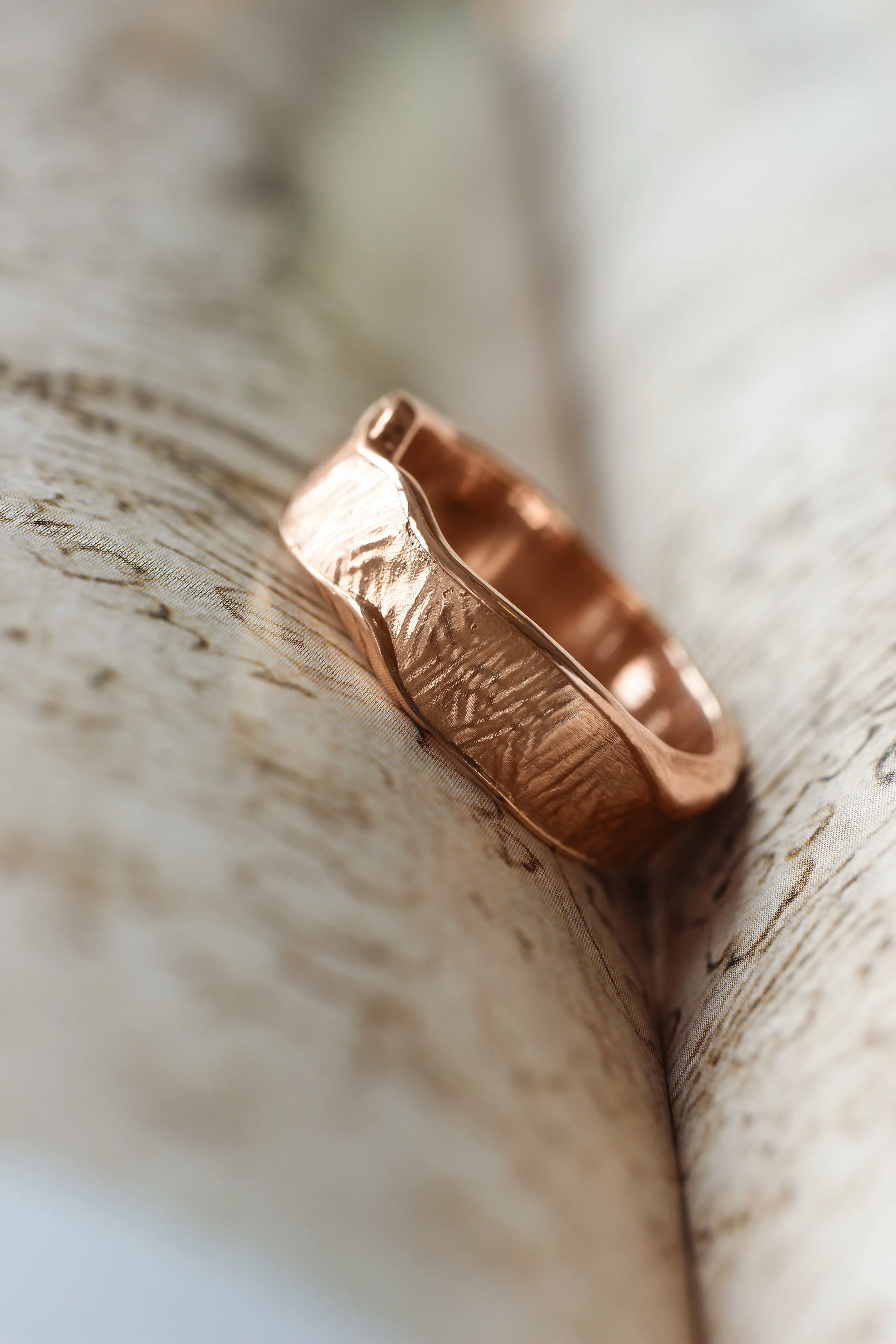 Textured wedding bands set for couple, melted rings with fabric texture