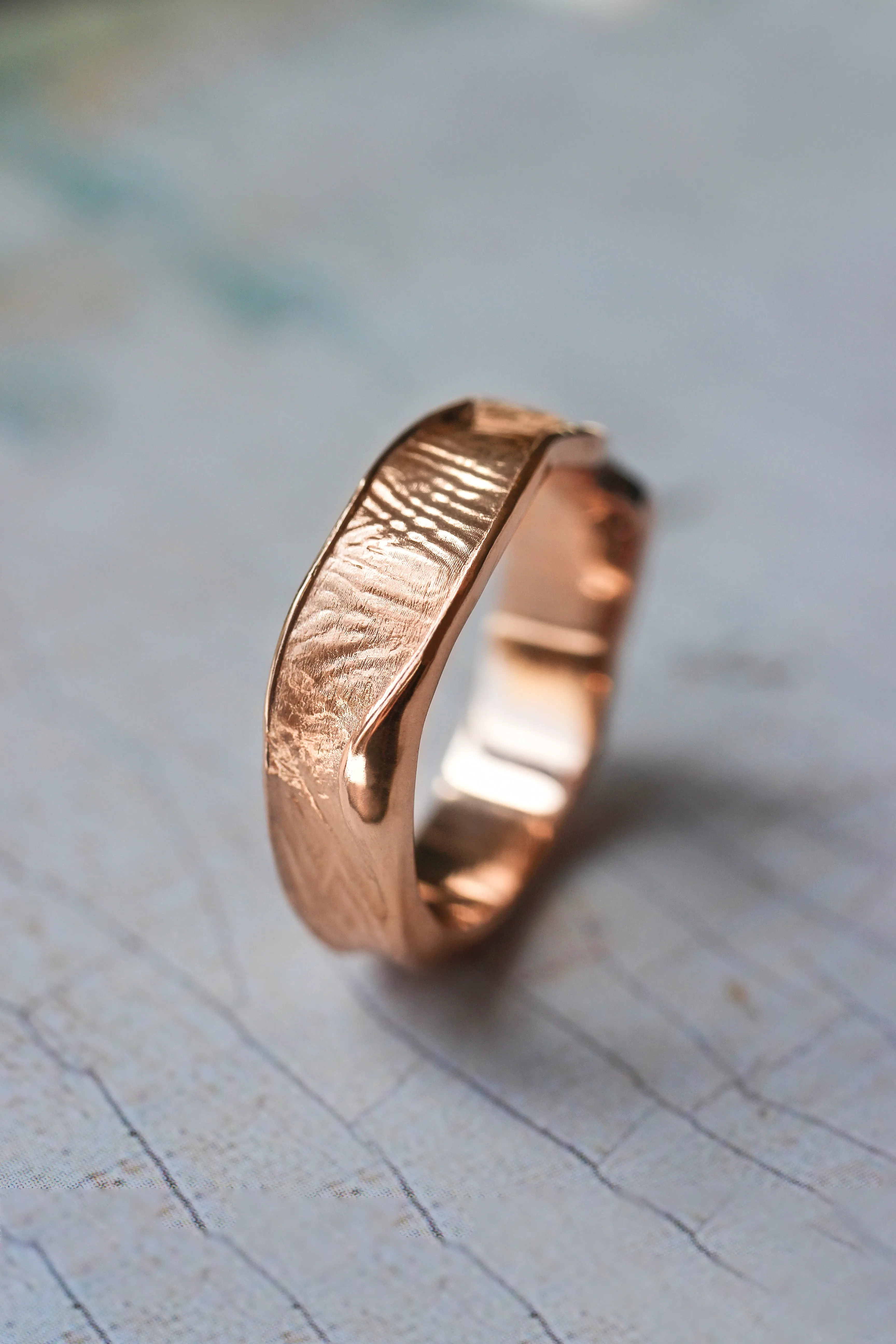 Textured wedding bands set for couple, melted rings with fabric texture