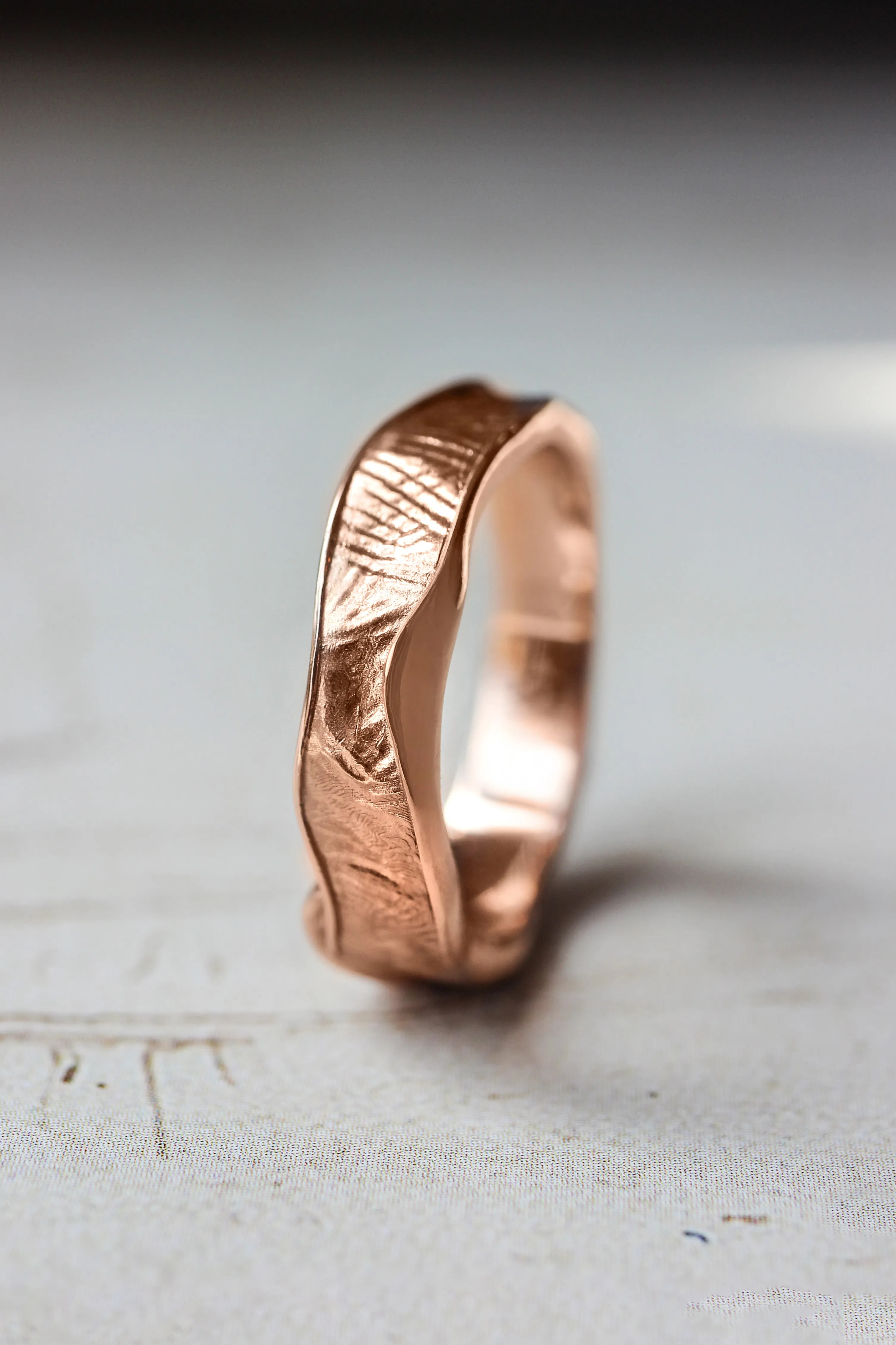 Textured wedding bands set for couple, melted rings with fabric texture