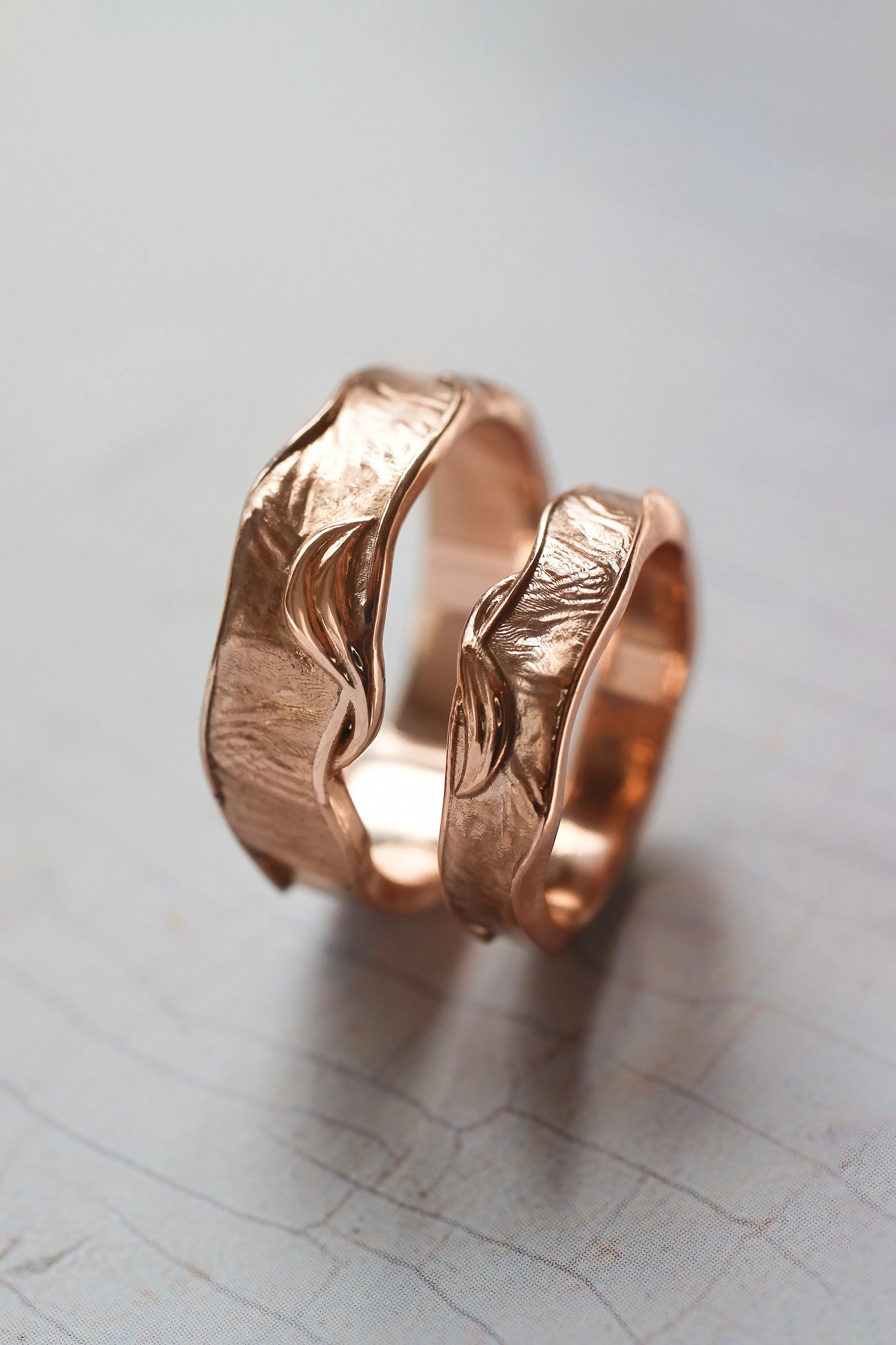 Textured wedding bands set for couple, melted rings with fabric texture