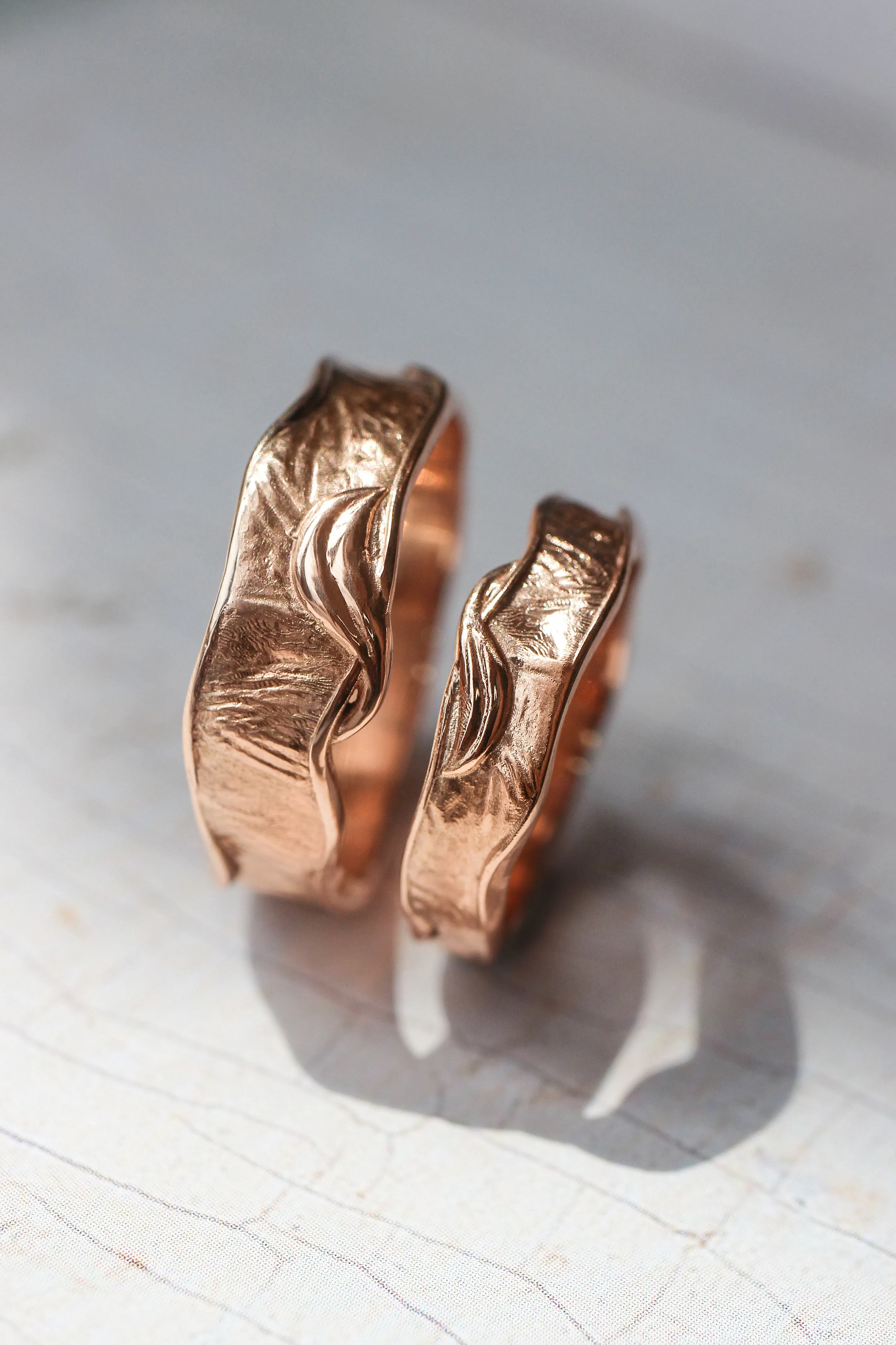 Textured wedding bands set for couple, melted rings with fabric texture