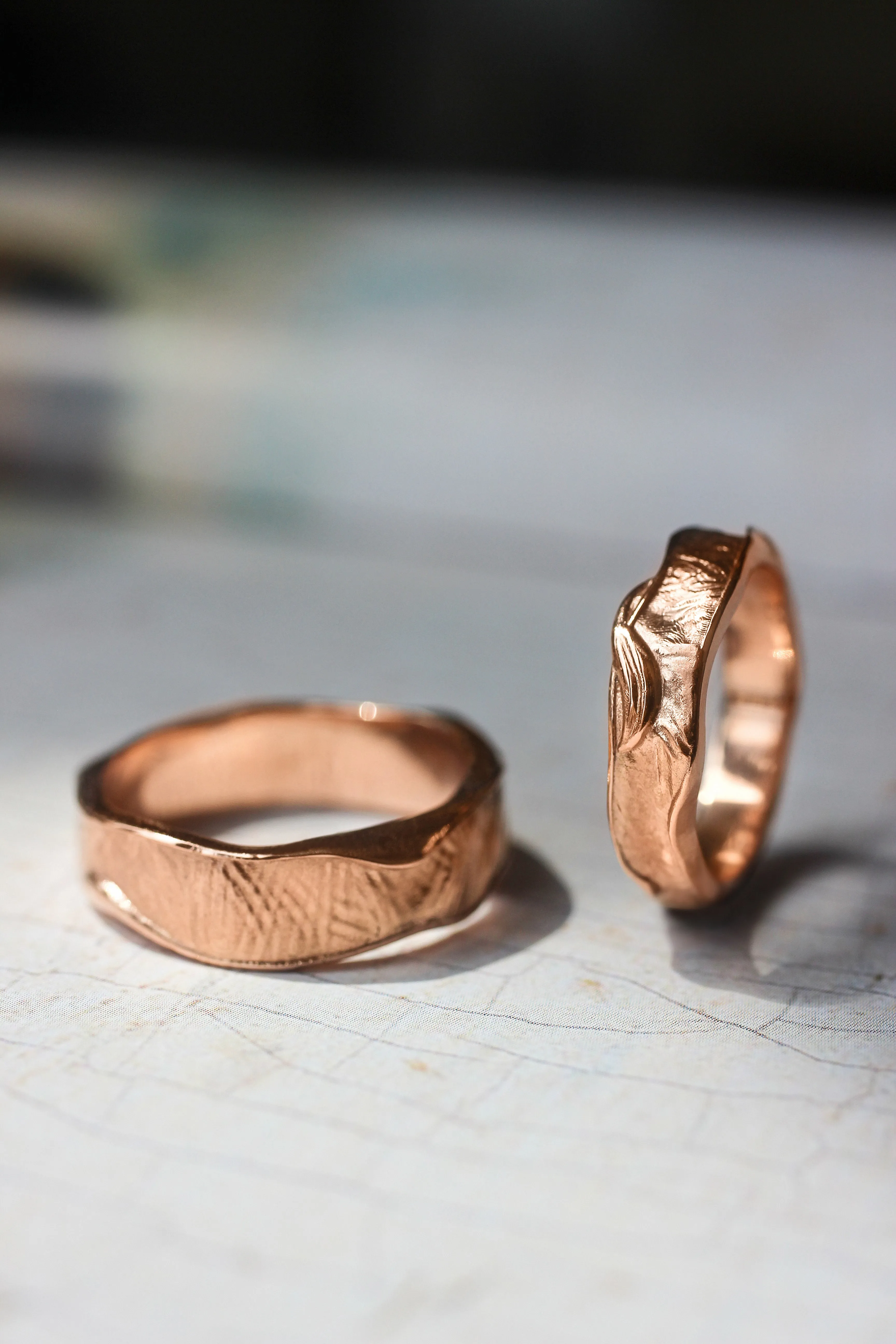 Textured wedding bands set for couple, melted rings with fabric texture