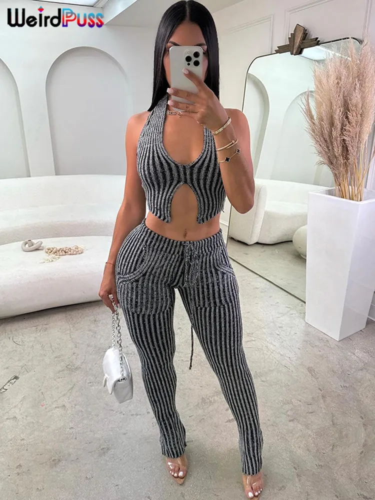 Weird Puss Blue Striped Women Casual Two Piece Set Crochet Halter Deepv-Neck Vest Pocket Pants Skinny Stretch Matching Outfits