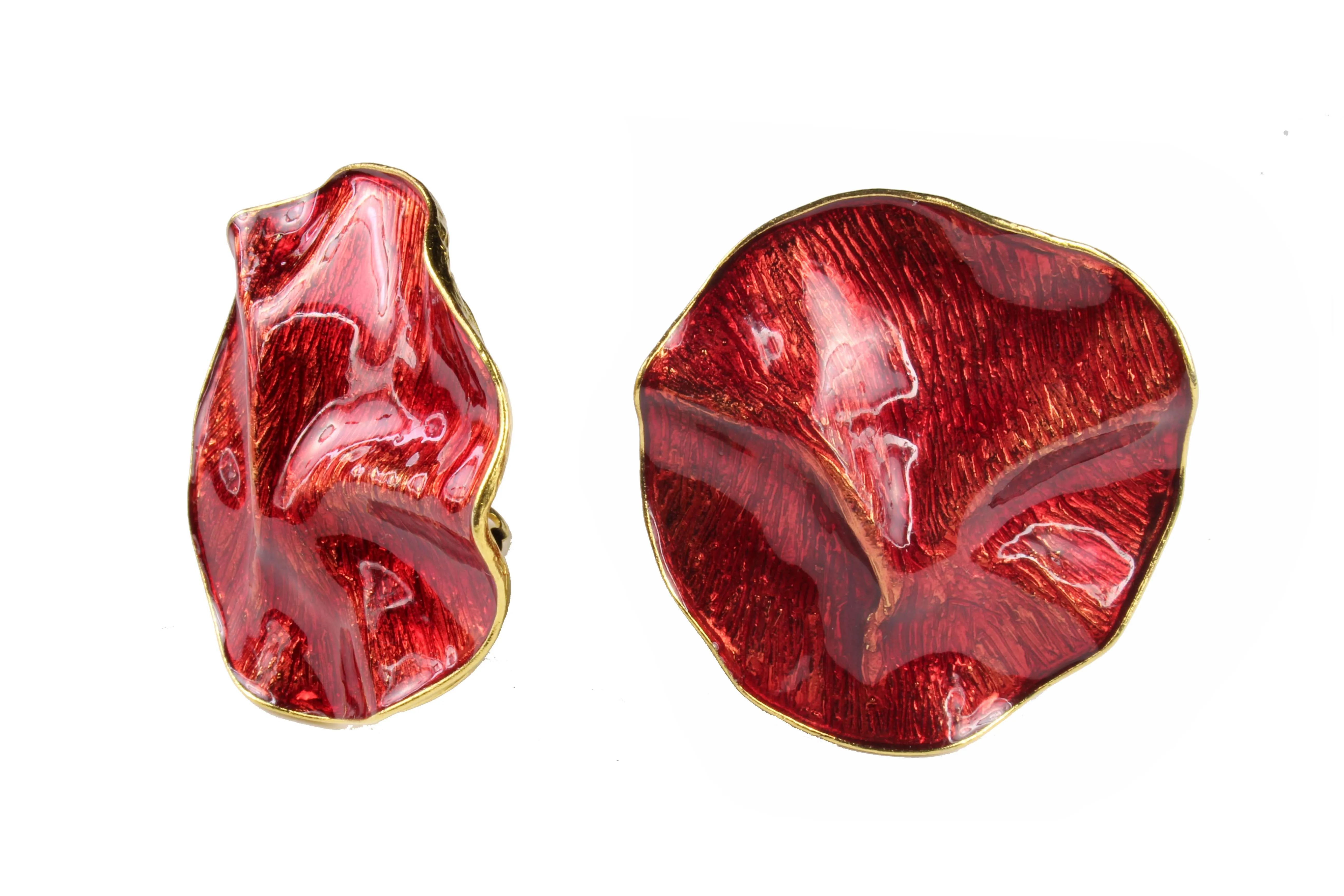 YVES SAINT LAURENT wrinkled red enamel earrings